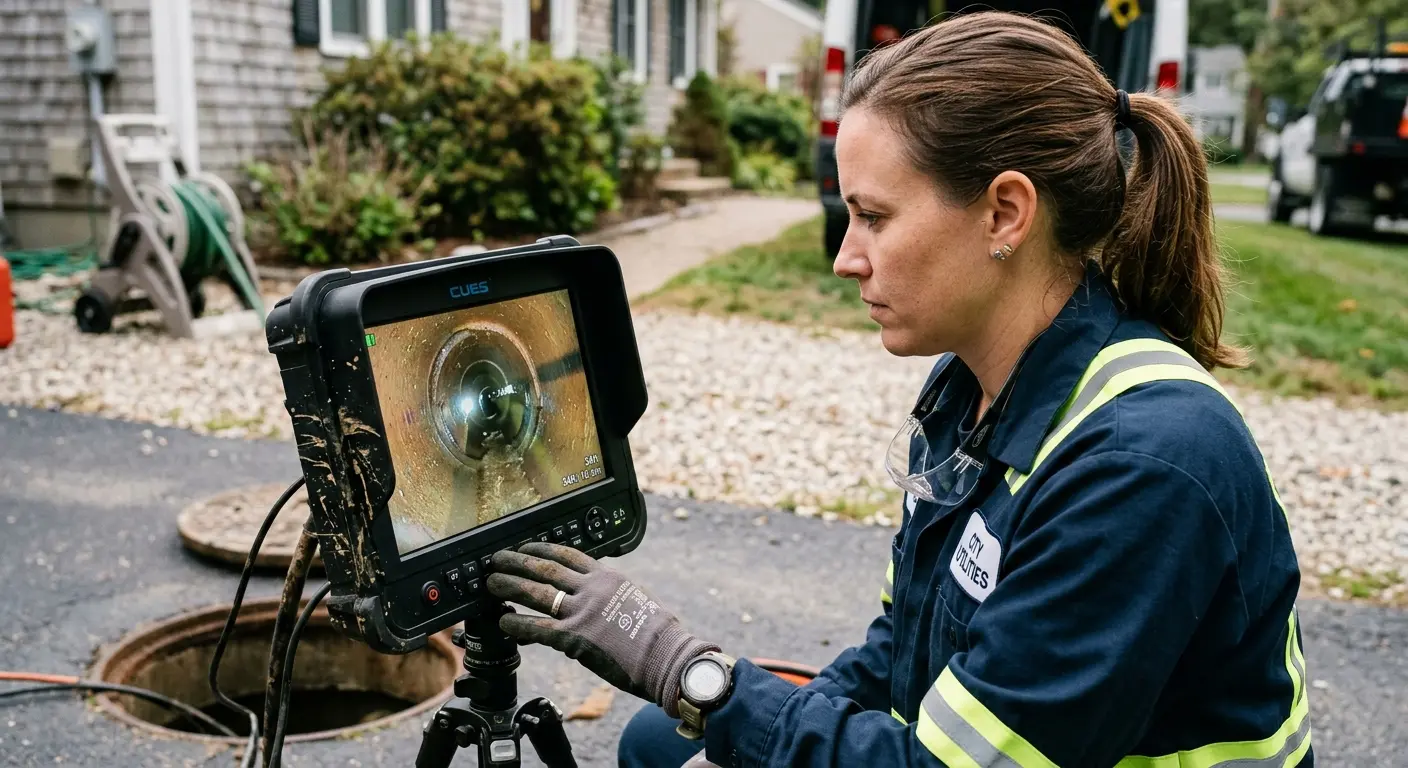 Technician reviewing sewer camera inspection footage in Rossmoor