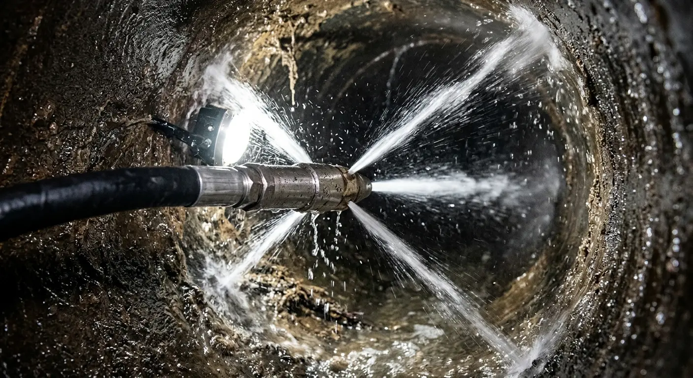 High-pressure hydro jetting nozzle cleaning sewer pipe for Sewer Cleanout in Rossmoor
