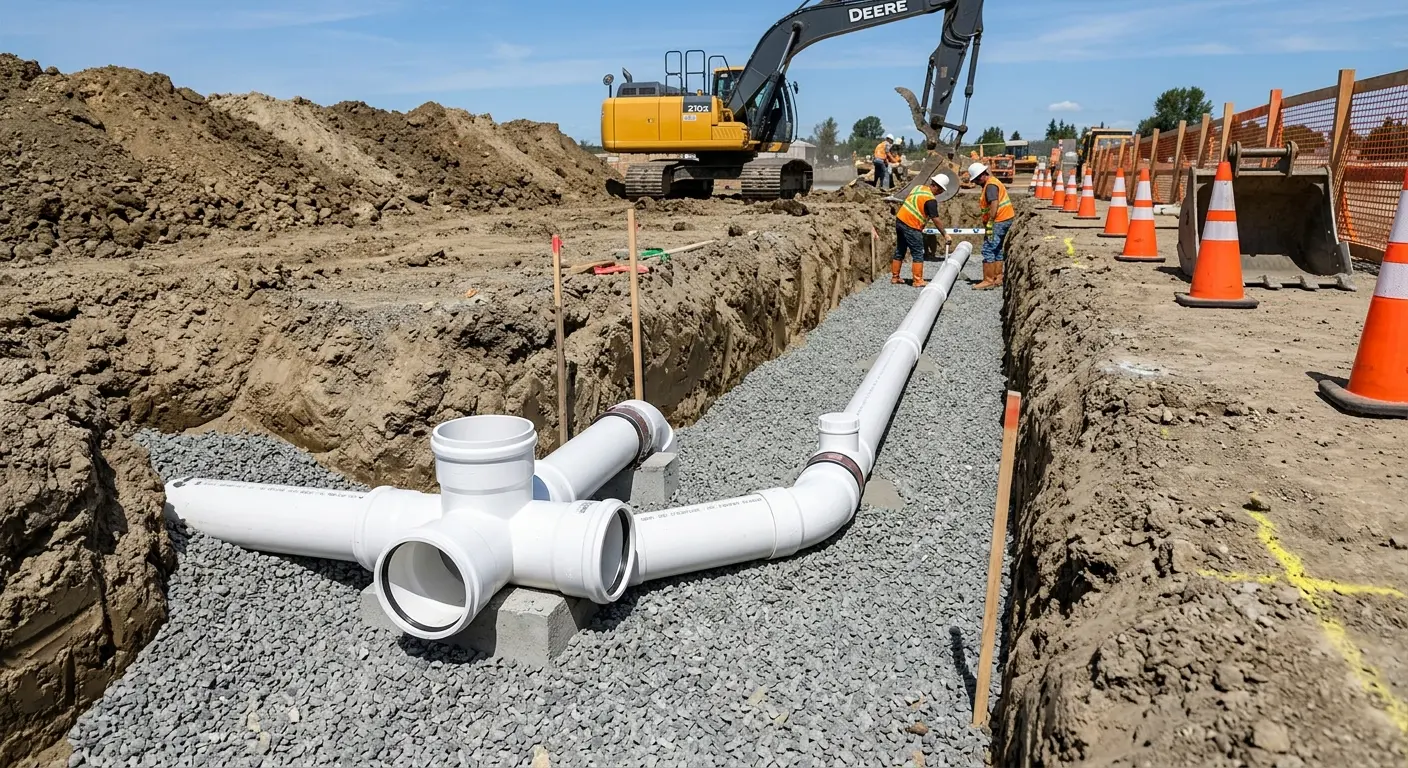 New PVC sewer pipe installation in open trench for Sewer Backup in Rossmoor