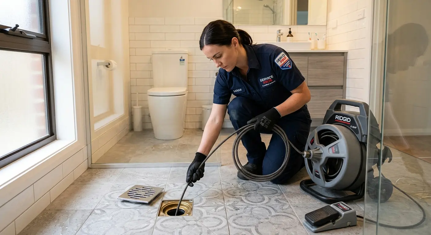 Technician clearing a bathroom floor drain for Drain Cleaning in Rossmoor